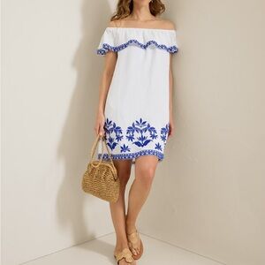 Tommy Bahama St. Lucia Blue Embroidered Linen Blend Ruffle Dress